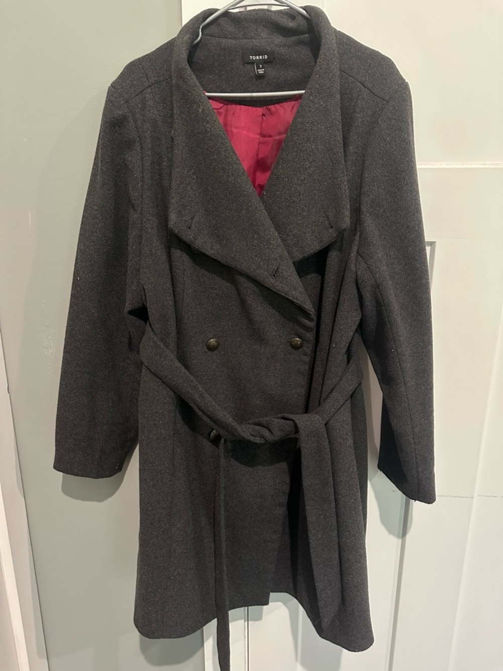 torrid Charcoal Double-Breasted Trench Coat with Burgundy Lining